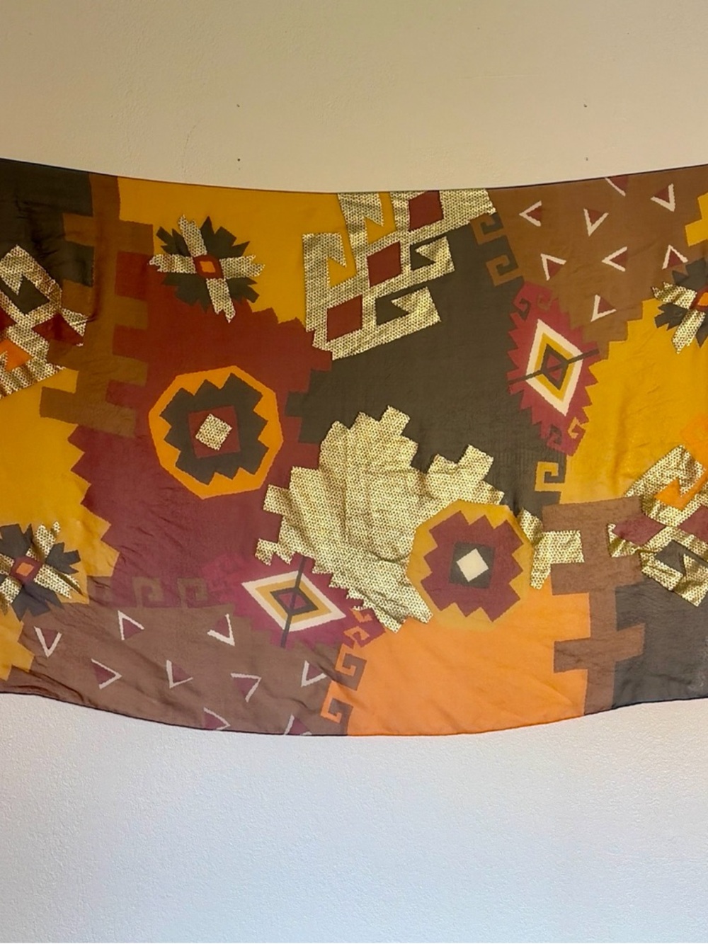 Paloma Picasso Silk Scarf Geometric Tribal Gold Print 68x46 Elegant